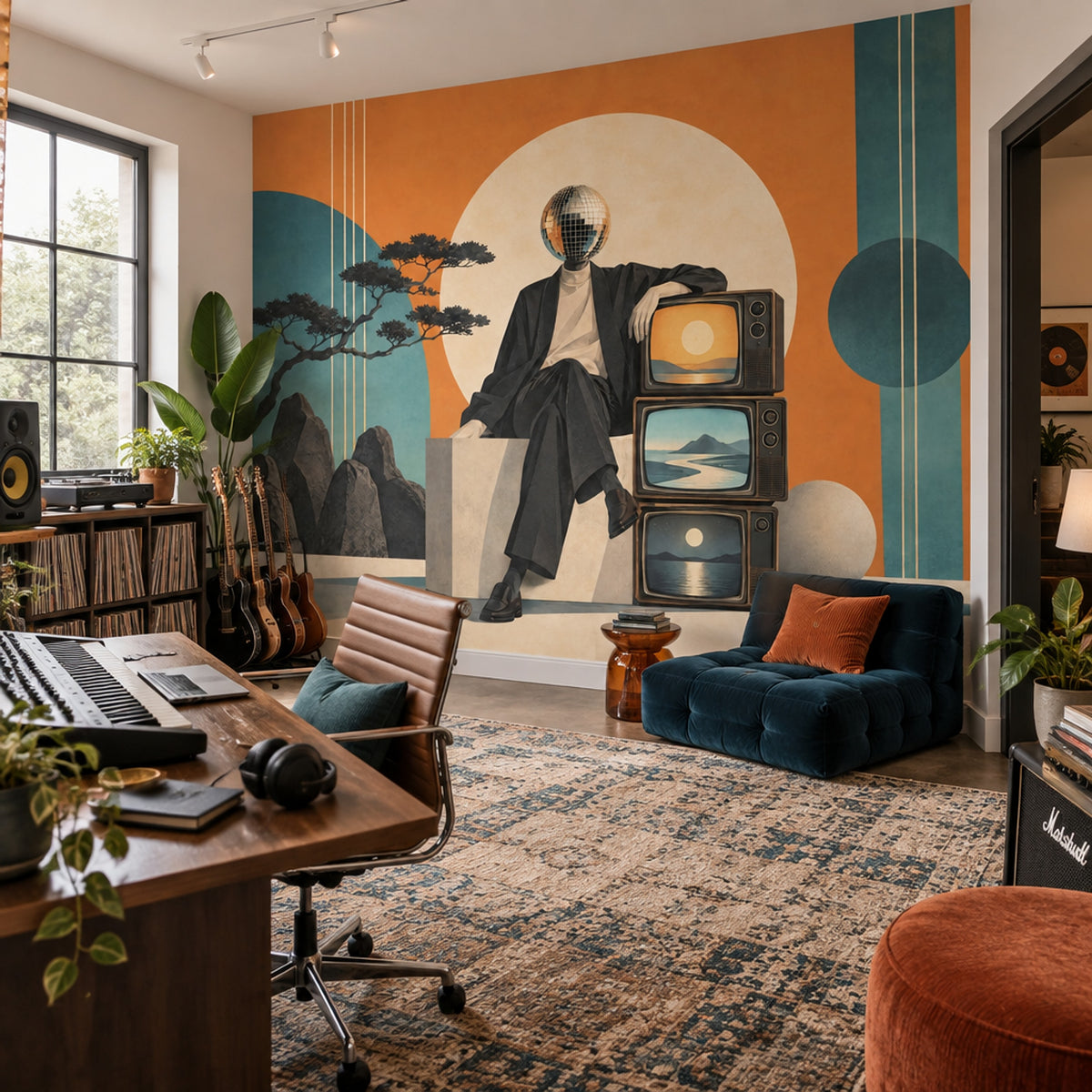 Surreal Disco Head Figure Wallpaper Mid Century Modern Wall Mural