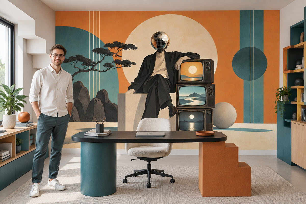 Surreal Disco Head Figure Wallpaper Mid Century Modern Wall Mural
