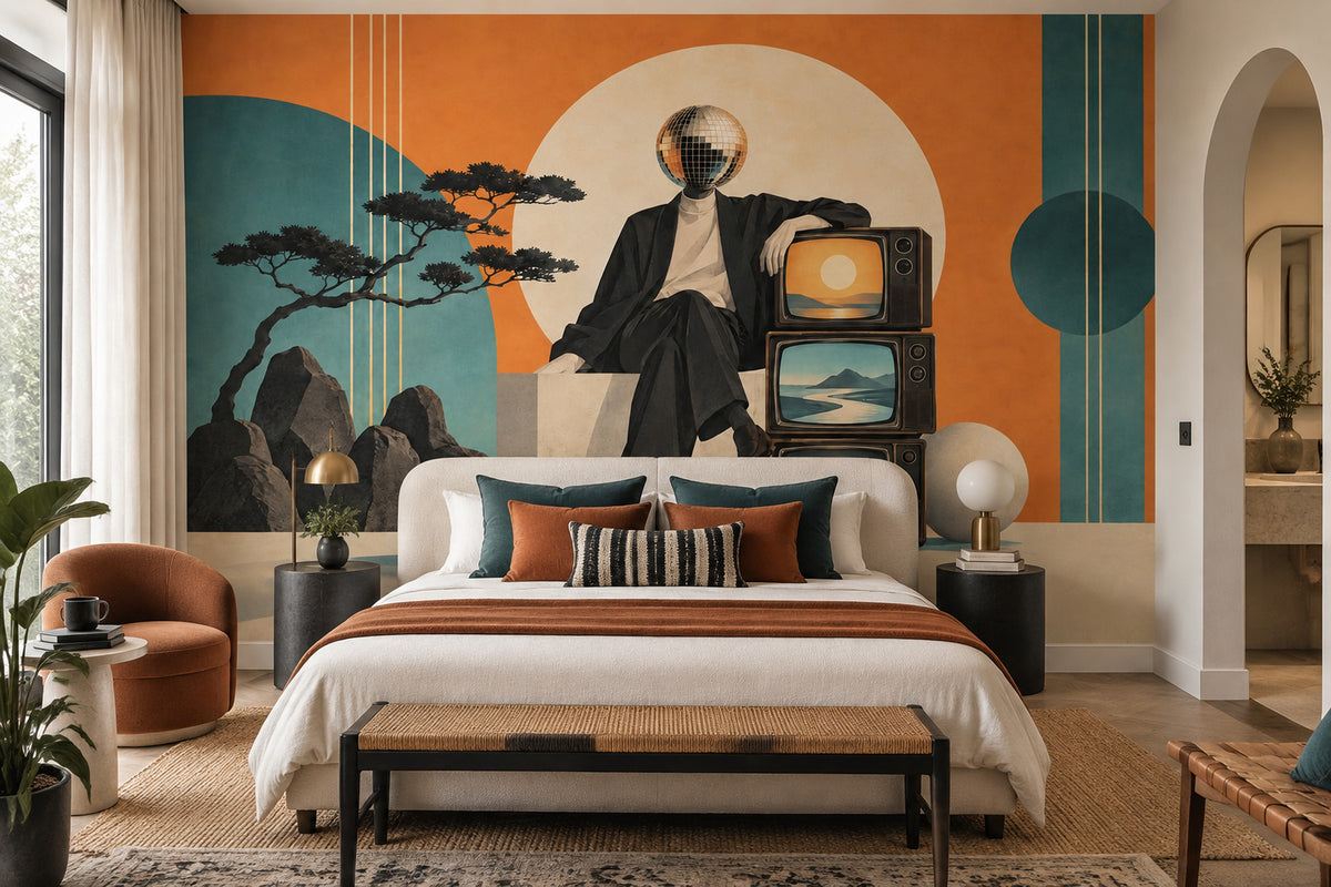 Surreal Disco Head Figure Wallpaper Mid Century Modern Wall Mural