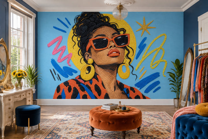 Embroidered Sunglasses Woman Wallpaper Pop Art Portrait Wall Mural