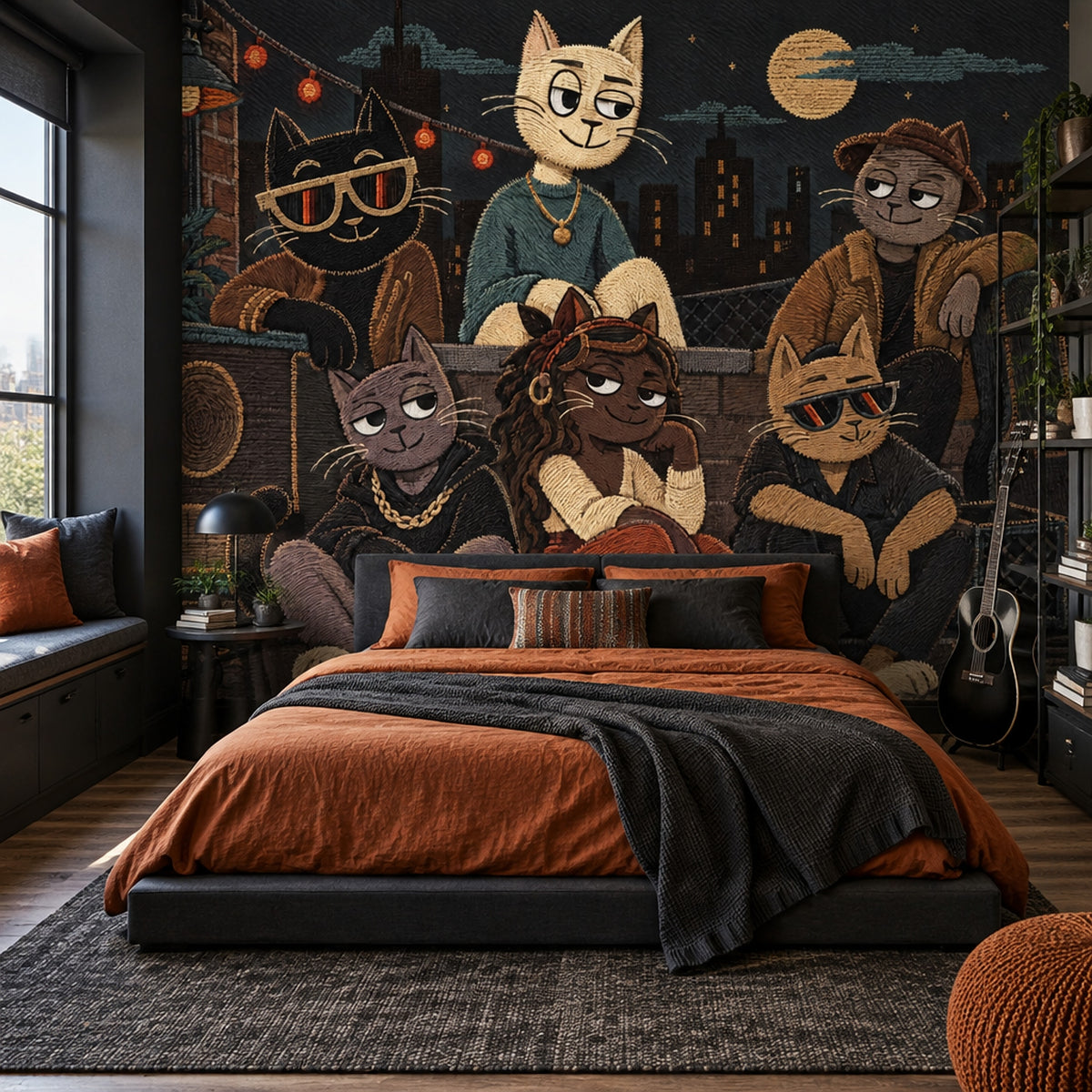 Cool Cat Rooftop Jam Wallpaper Brick Wall Night City Wall Mural