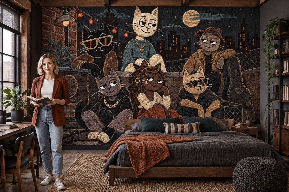 Cool Cat Rooftop Jam Wallpaper Brick Wall Night City Wall Mural