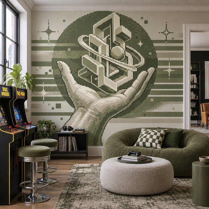 Geometric Hand Illustration Wallpaper Muted Green Retro Wall Mural