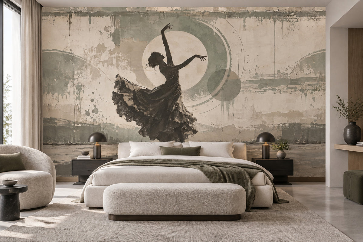Flamenco Dancer Silhouette Wallpaper Distressed Geometric Circles Wall Mural