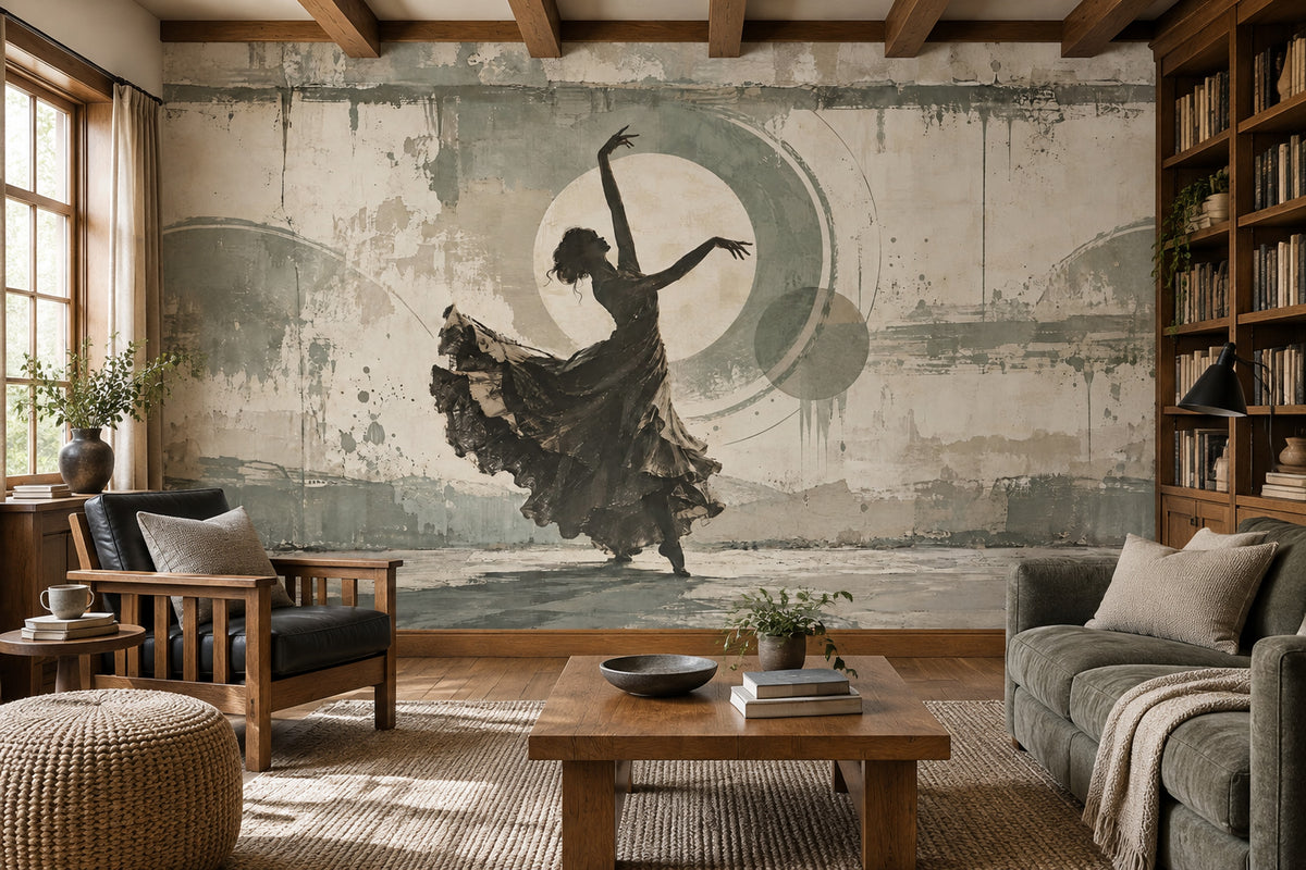Flamenco Dancer Silhouette Wallpaper Distressed Geometric Circles Wall Mural