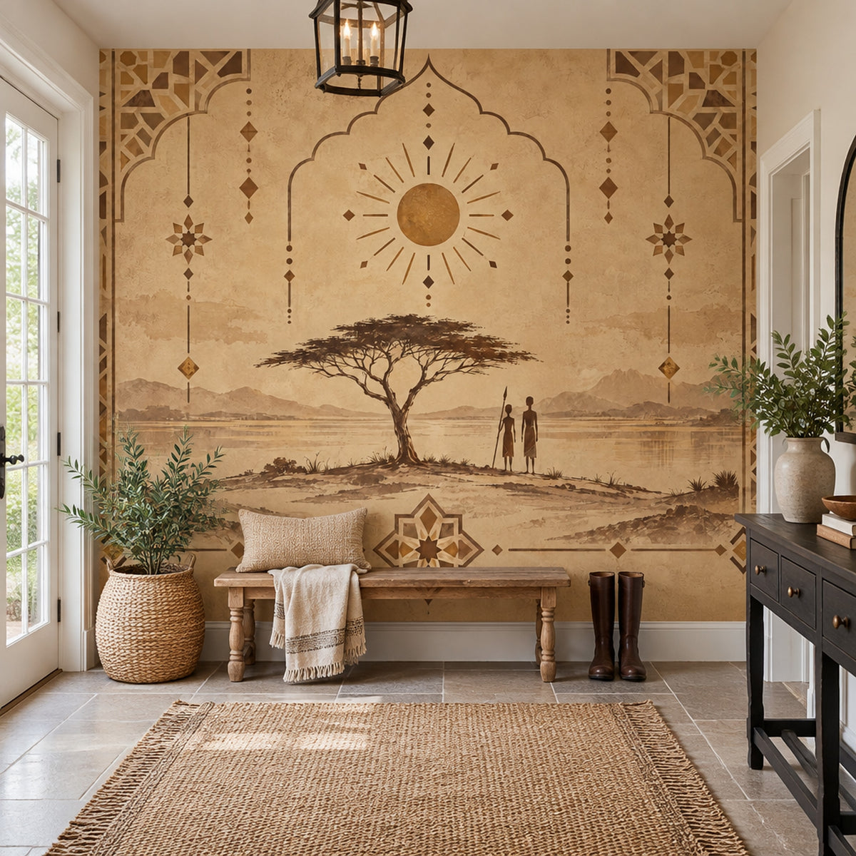 African Landscape Wallpaper Sepia Geometric Arches Wall Mural