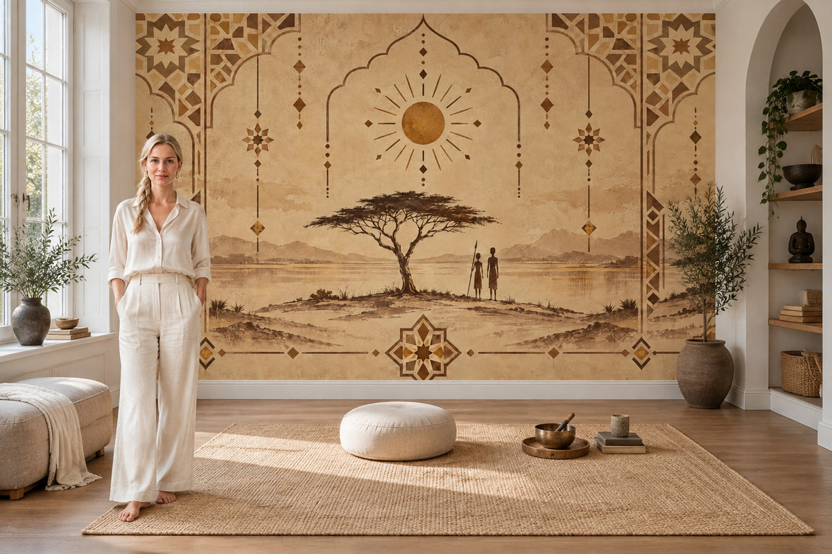 African Landscape Wallpaper Sepia Geometric Arches Wall Mural