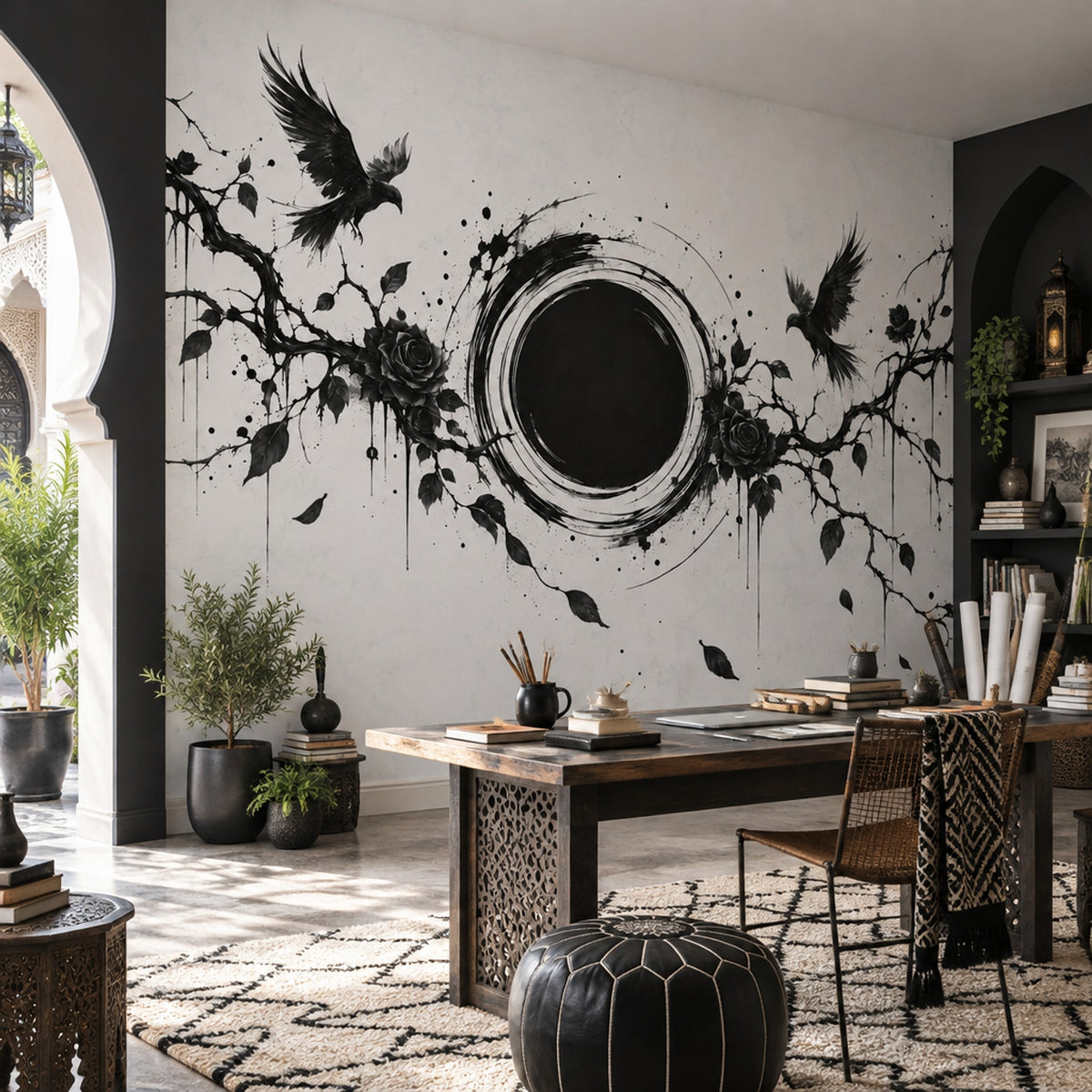 Gothic Ravens And Roses Wallpaper Ink Illustration Wall Mural