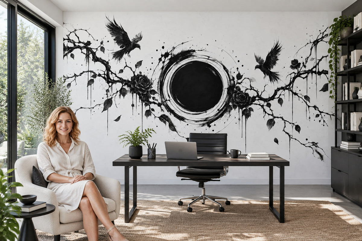 Gothic Ravens And Roses Wallpaper Ink Illustration Wall Mural