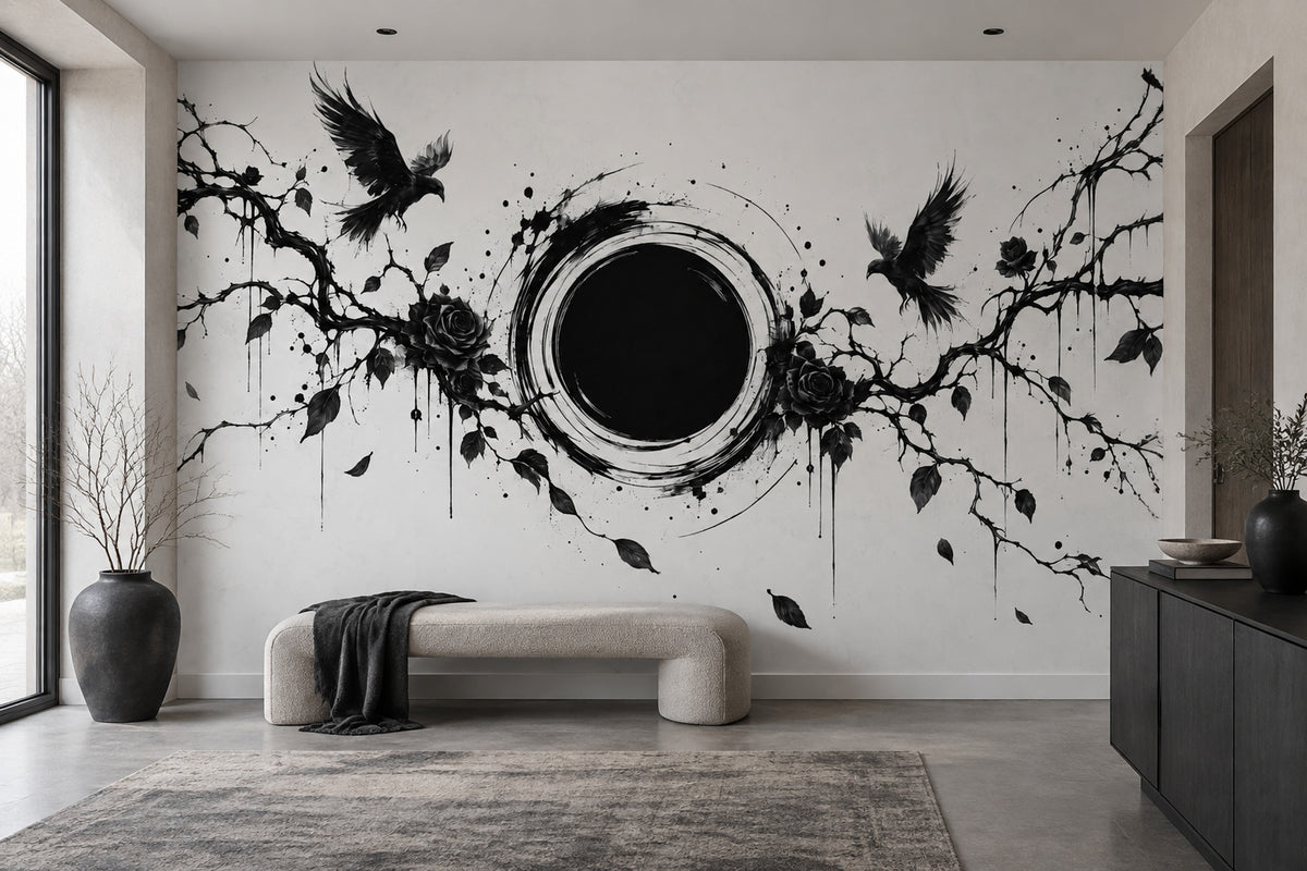Gothic Ravens And Roses Wallpaper Ink Illustration Wall Mural