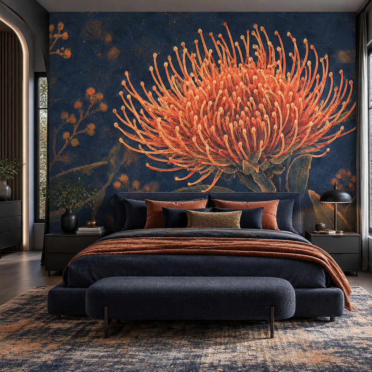 Orange Botanical Bloom Wallpaper Dark Floral Wall Mural