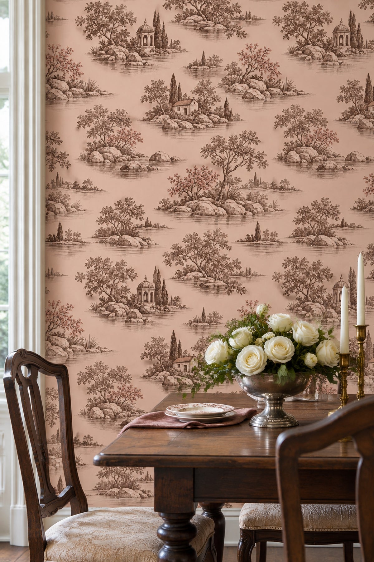 Pastoral Lake Scene Wallpaper Pink Sepia Toile