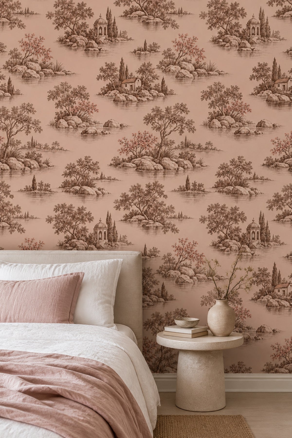 Pastoral Lake Scene Wallpaper Pink Sepia Toile