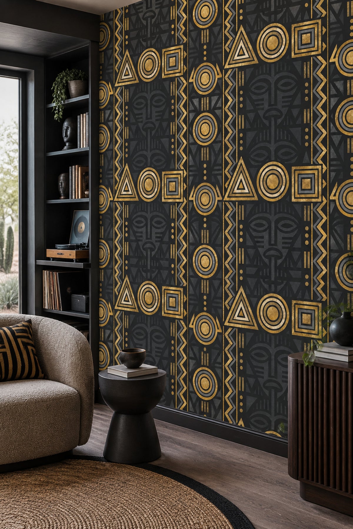 Tribal Mask Wallpaper Black Gold Geometric Stripes
