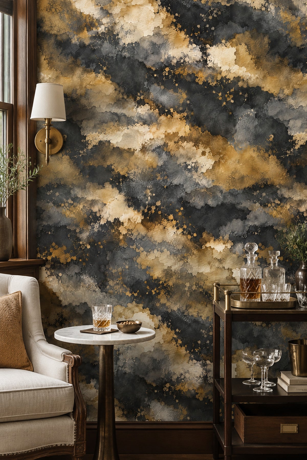 Abstract Splatter Wallpaper Black Gold Watercolor