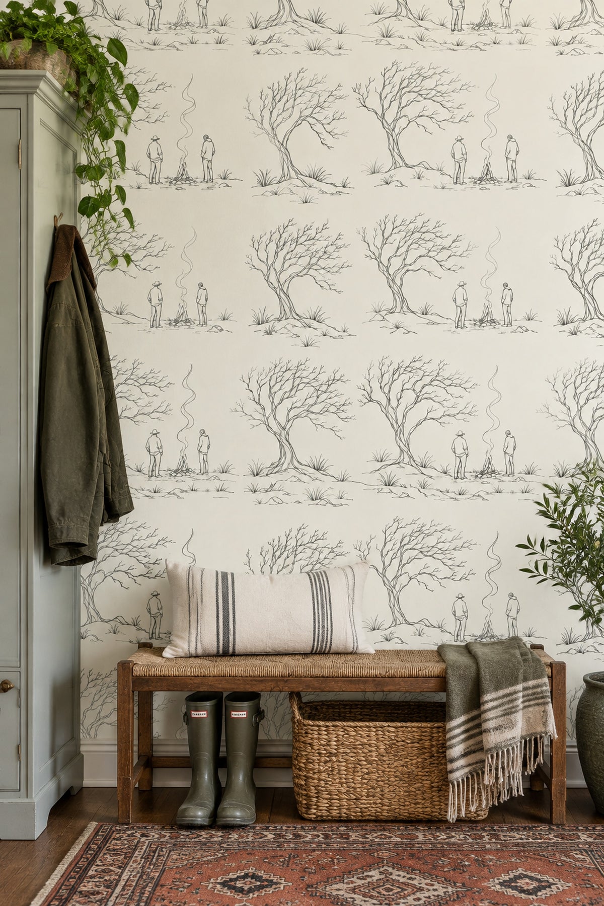 Campfire Landscape Wallpaper Toile Line Drawing Ivory Background