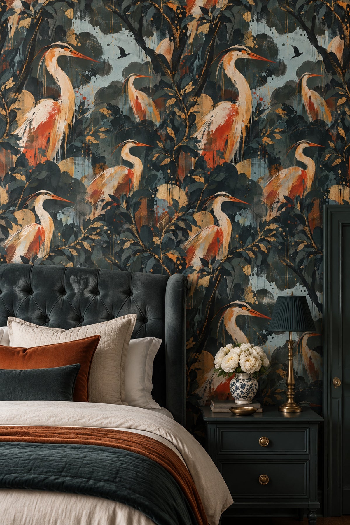 Heron Wallpaper Dark Tropical Foliage With Gold Accents