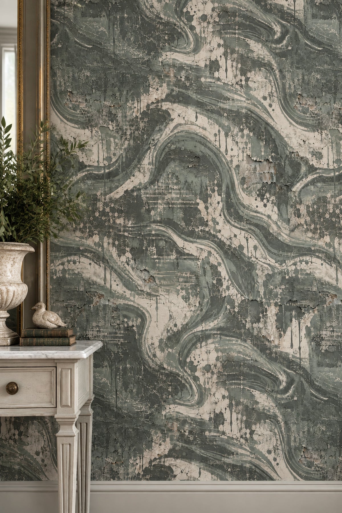 Abstract Plaster Texture Wallpaper Sage Green Grunge Finish
