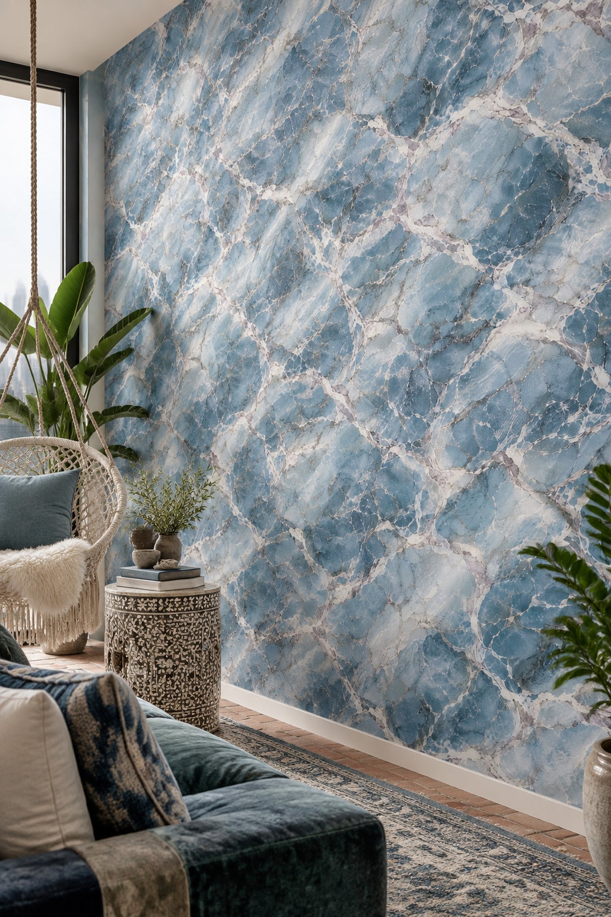 Blue Marble Wallpaper White Veining Cool Toned Stone Texture