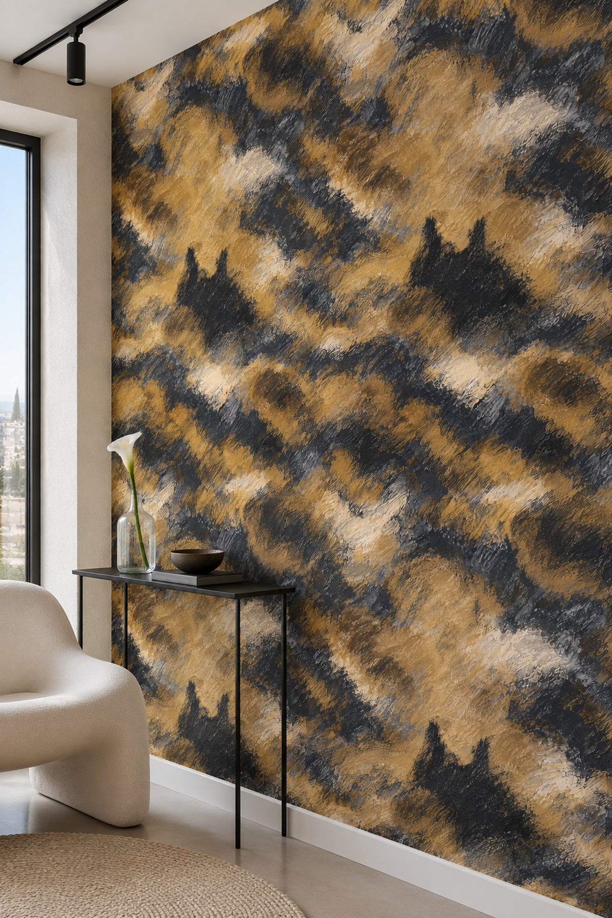 Abstract Brushstroke Wallpaper Black Charcoal Gold Textured