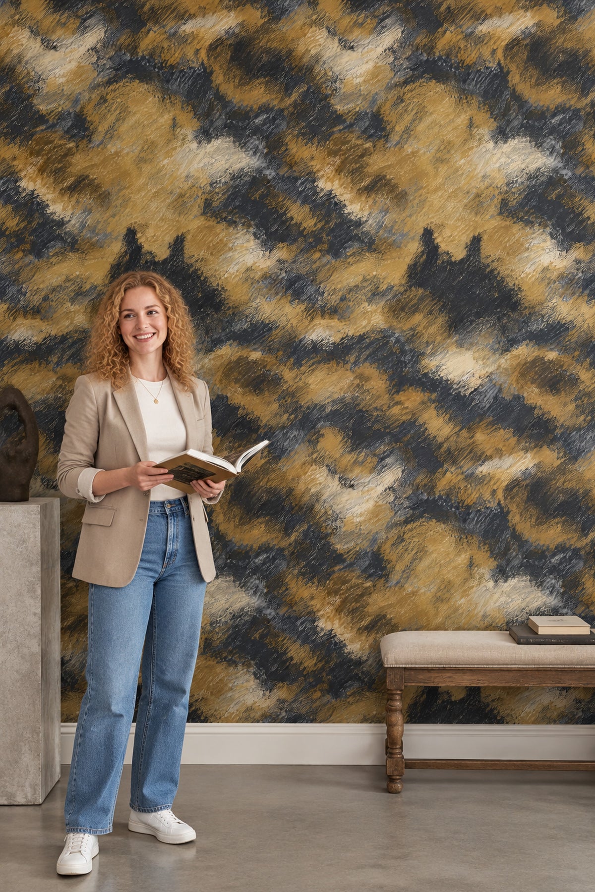 Abstract Brushstroke Wallpaper Black Charcoal Gold Textured