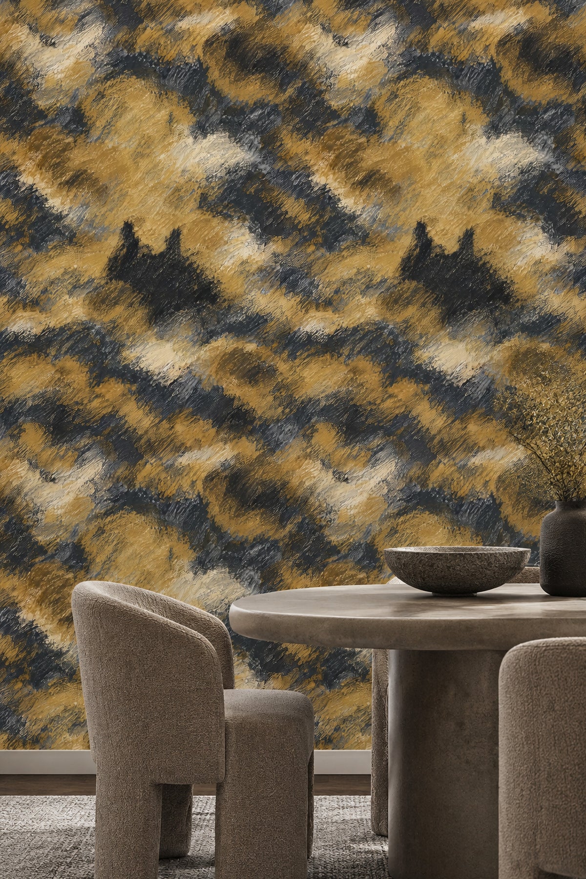 Abstract Brushstroke Wallpaper Black Charcoal Gold Textured