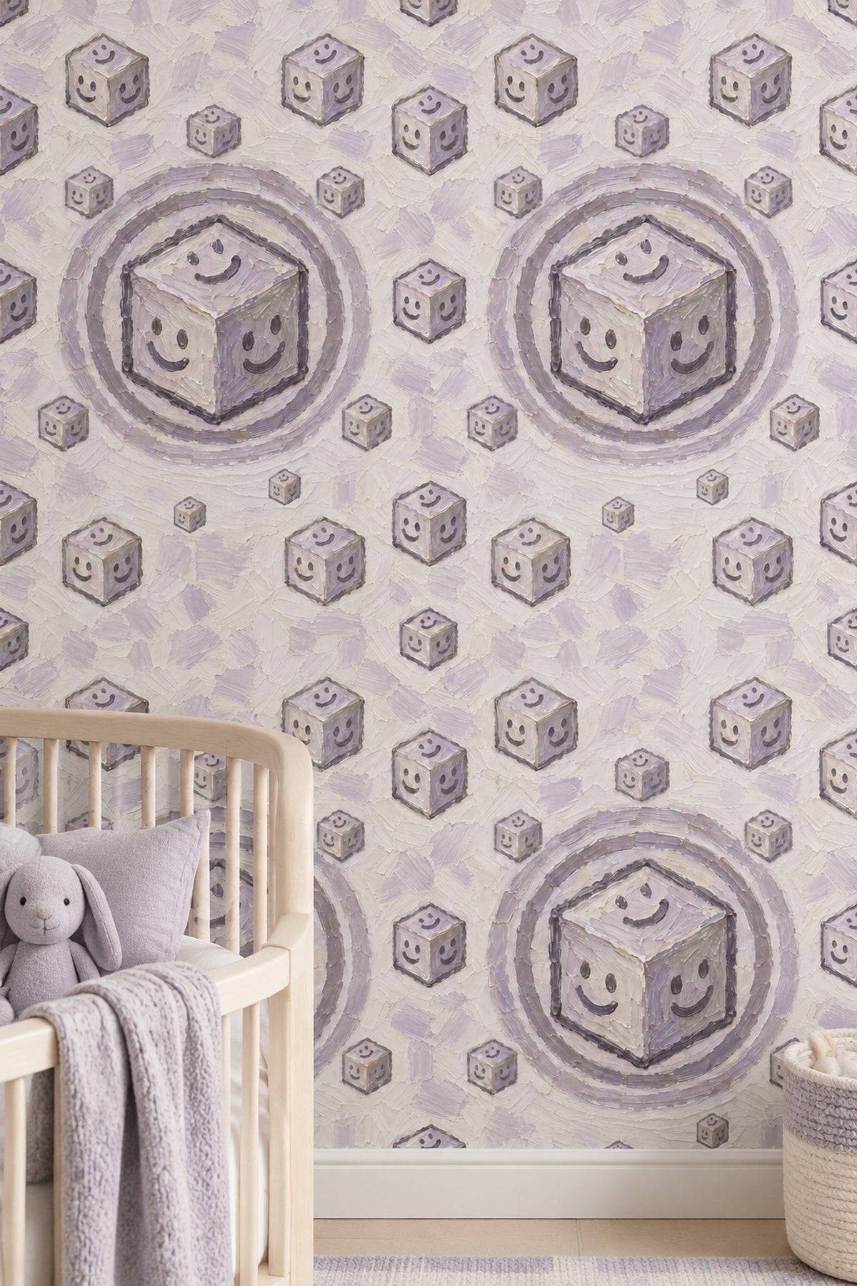 Smiley Cubes Wallpaper Playful Geometric Lavender Gray
