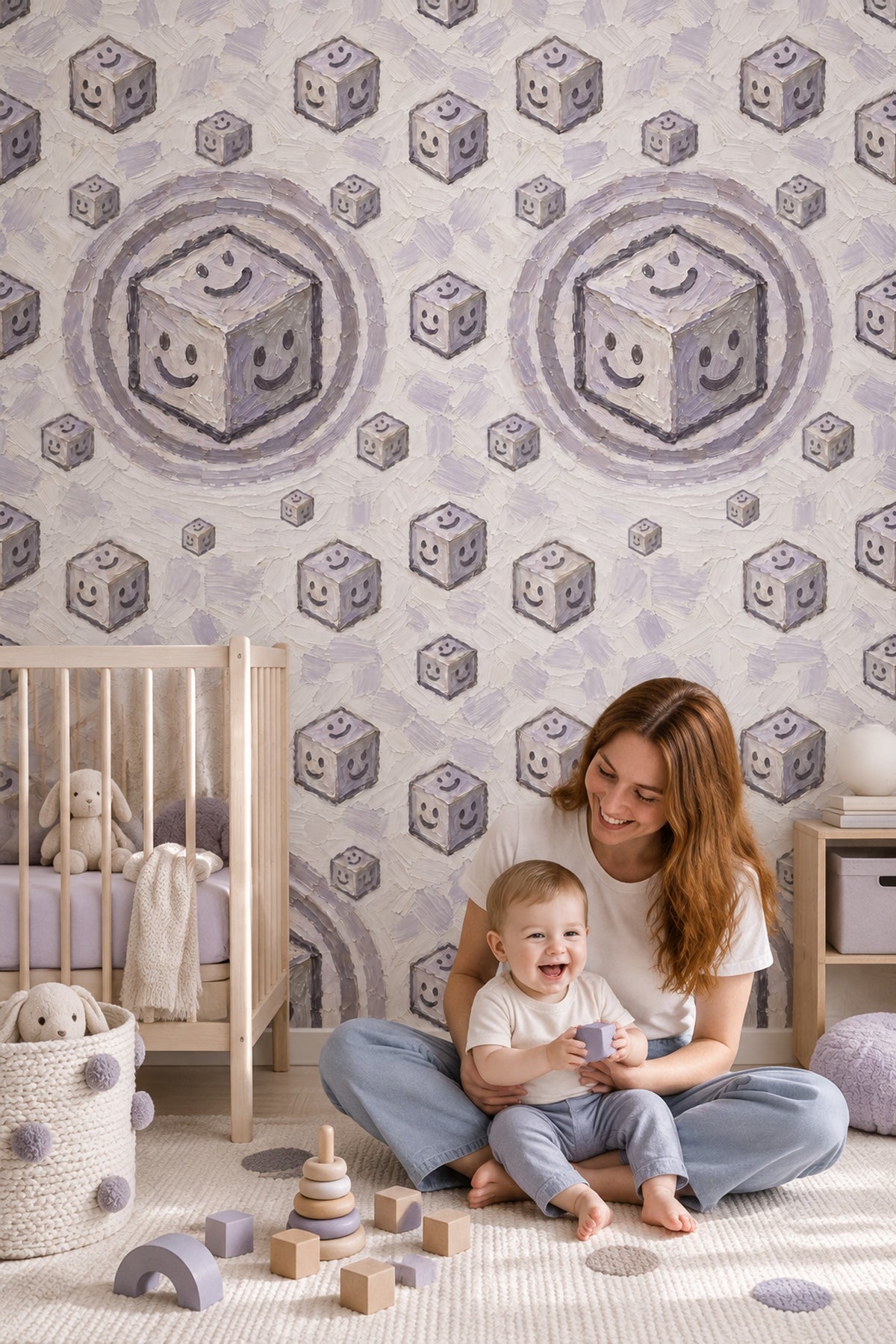 Smiley Cubes Wallpaper Playful Geometric Lavender Gray