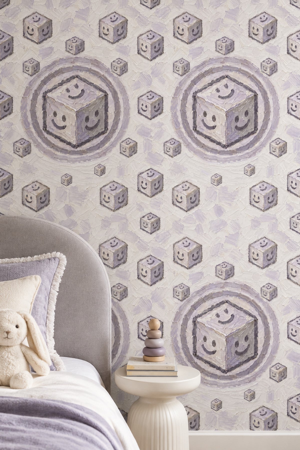 Smiley Cubes Wallpaper Playful Geometric Lavender Gray