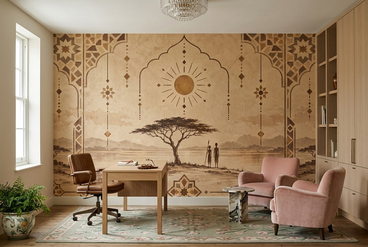 African Landscape Wallpaper Sepia Geometric Arches Wall Mural