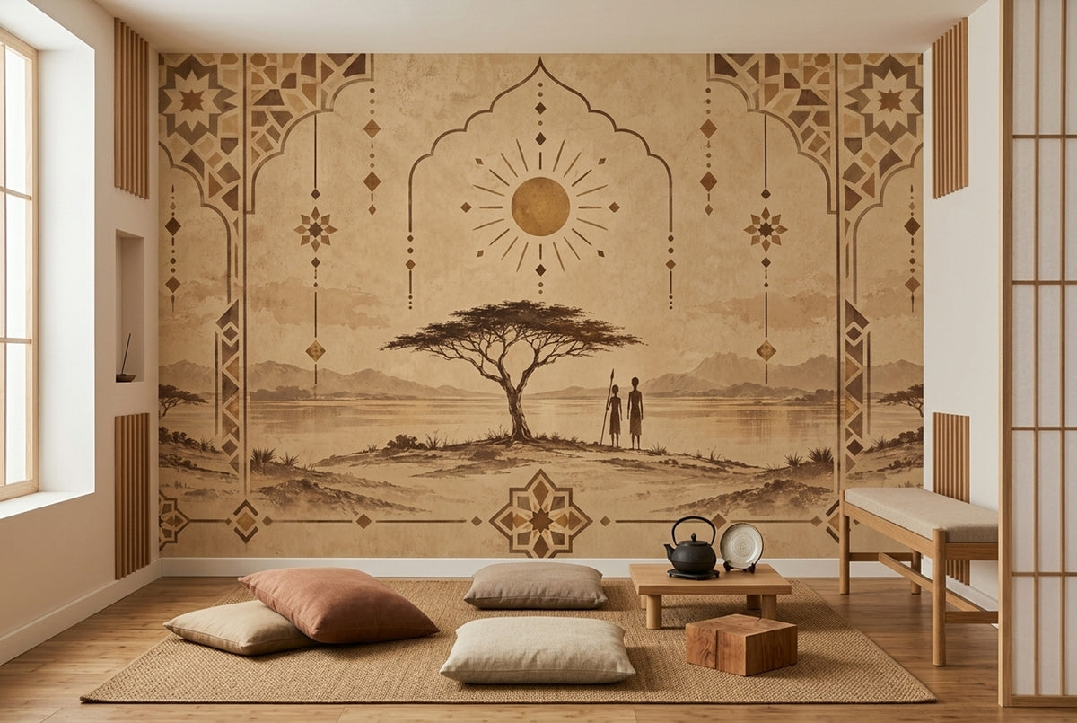 African Landscape Wallpaper Sepia Geometric Arches Wall Mural