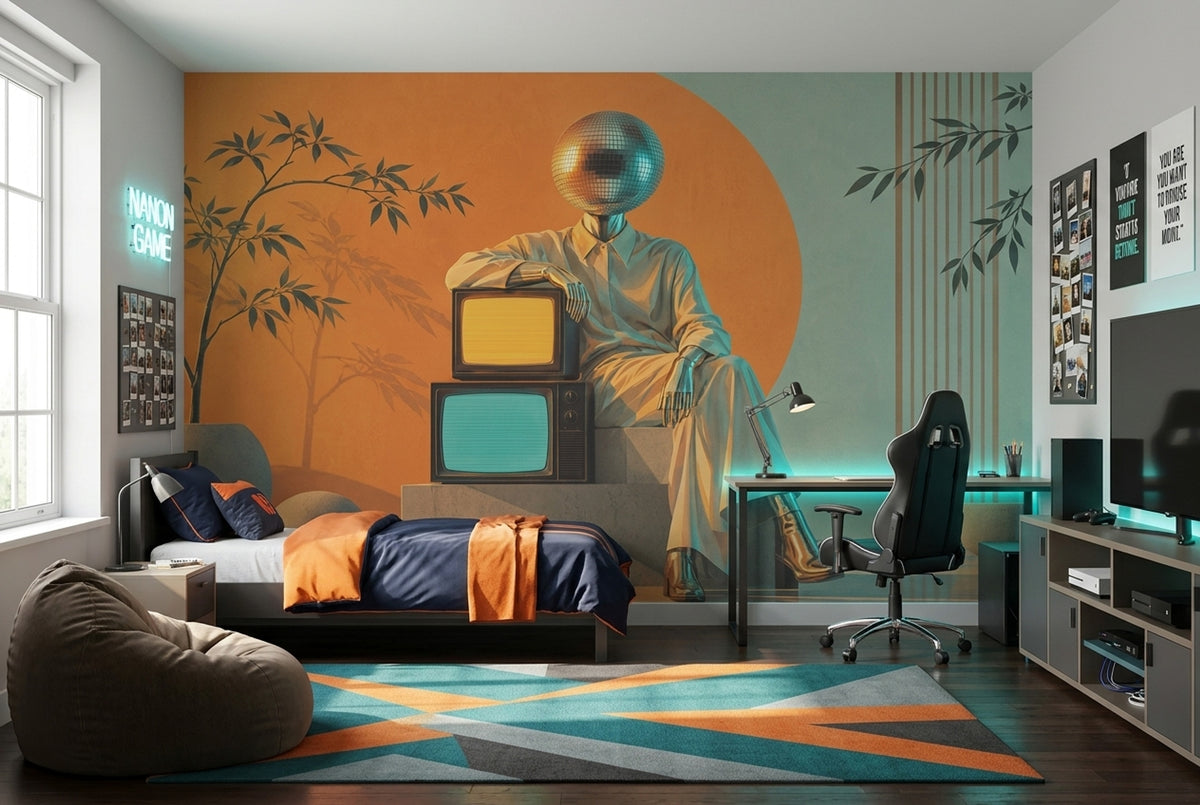 Disco Head Figure Wallpaper Retro Futurist Wall Mural