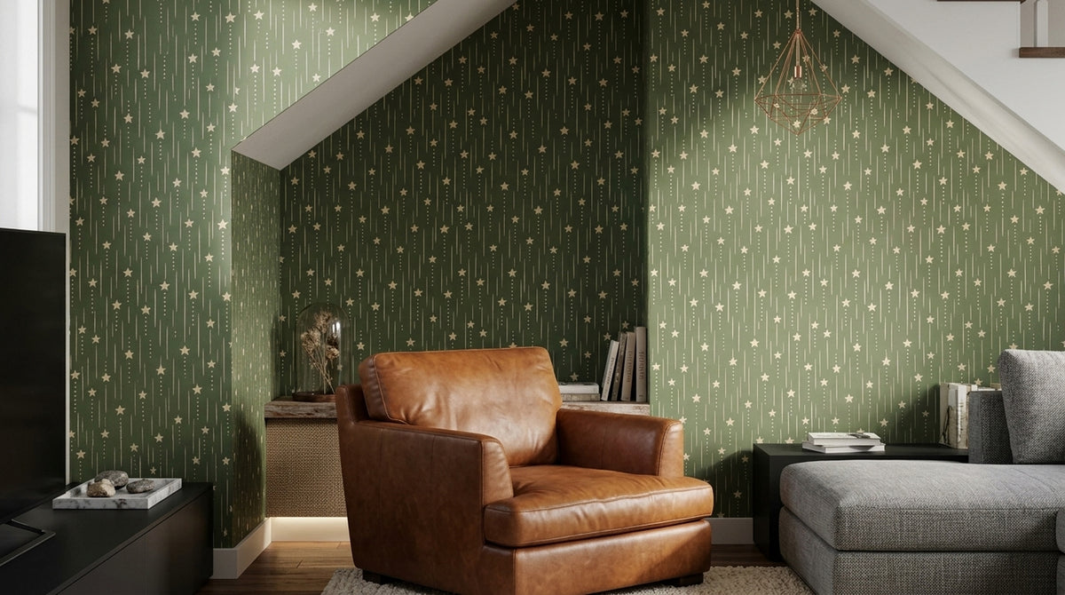 Cream Stars Wallpaper Olive Green Vertical Stripes