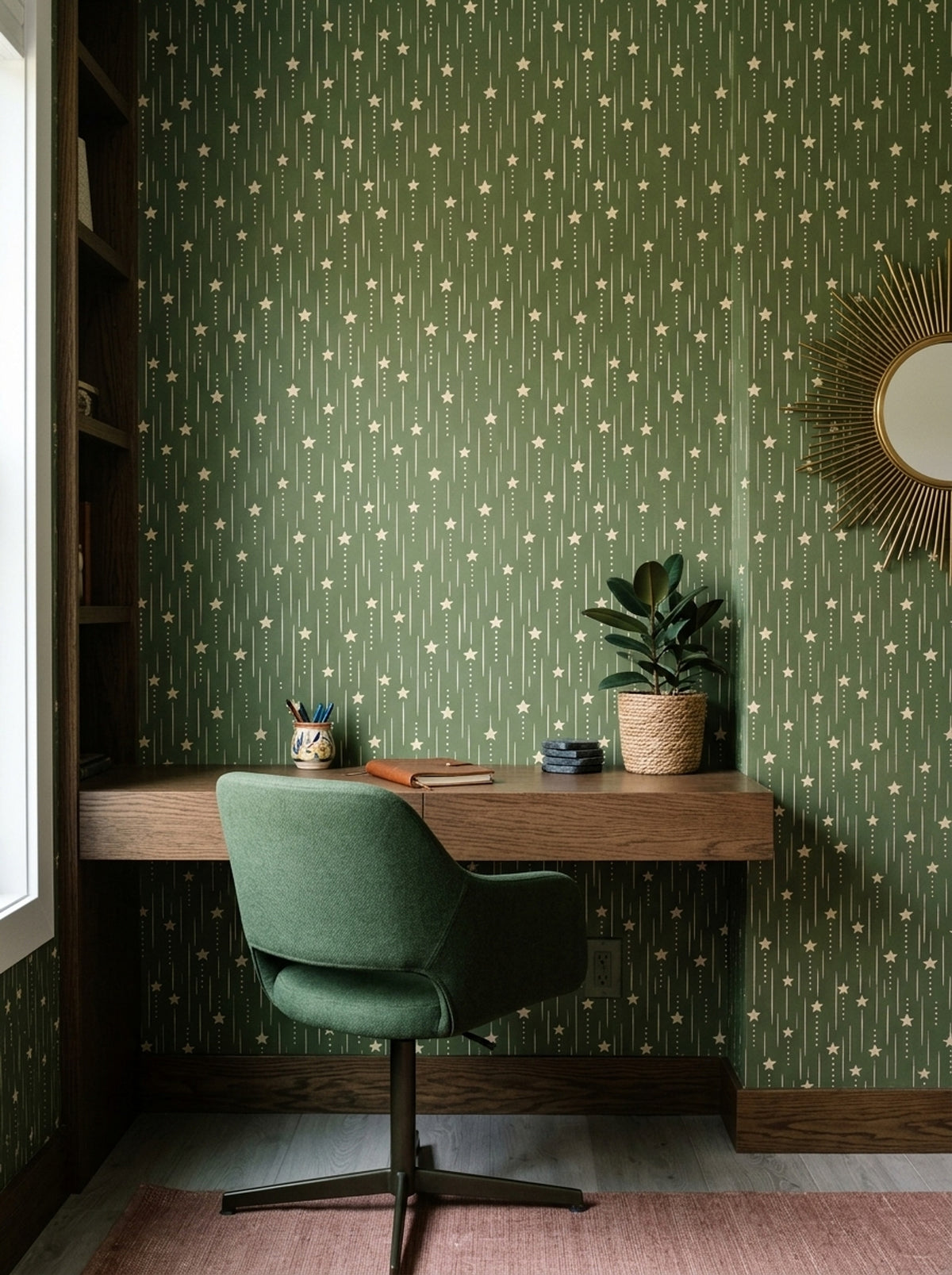 Cream Stars Wallpaper Olive Green Vertical Stripes