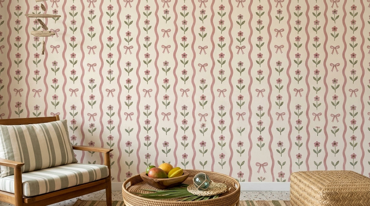 Pink Bow Floral Wallpaper Wavy Striped Cream Background