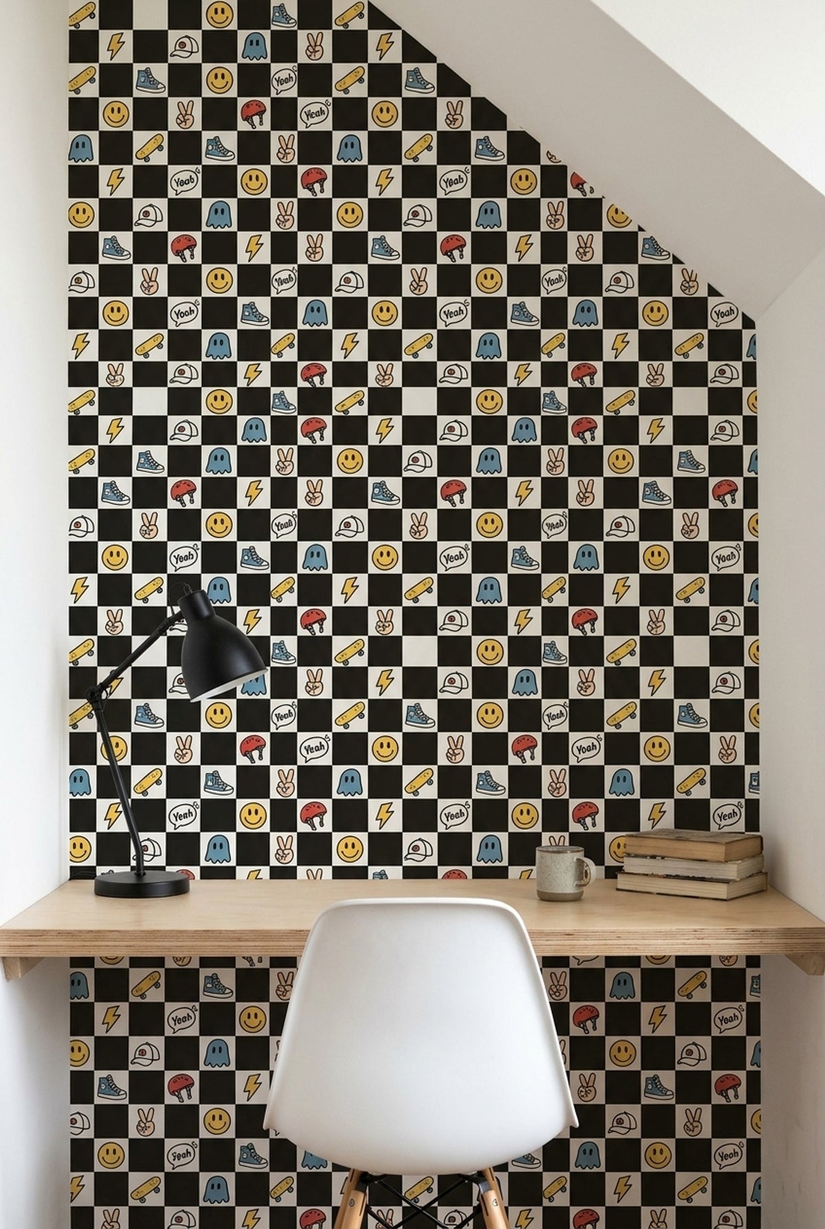 Skateboard Doodle Wallpaper Checkered Black And White Pattern