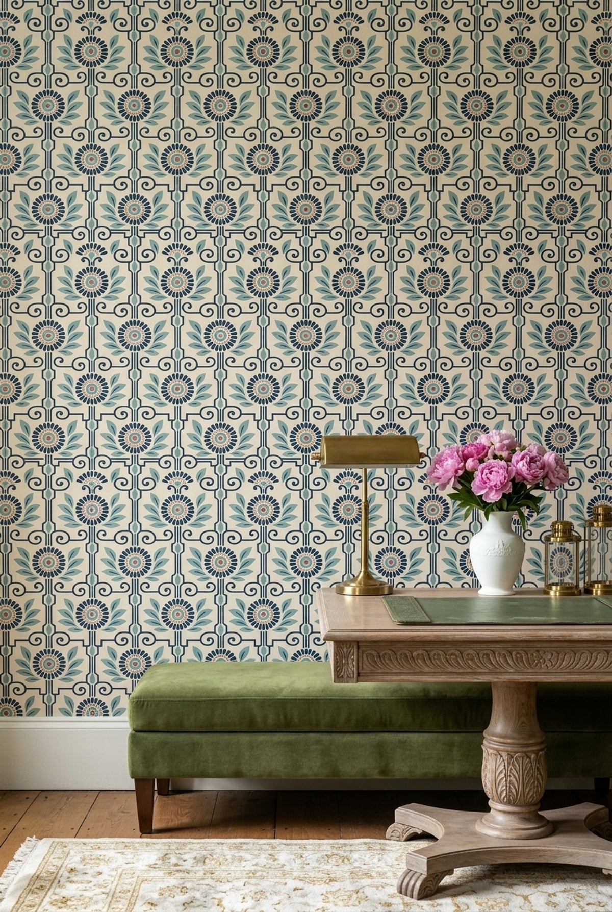 Mediterranean Floral Wallpaper Navy Scrollwork On Cream