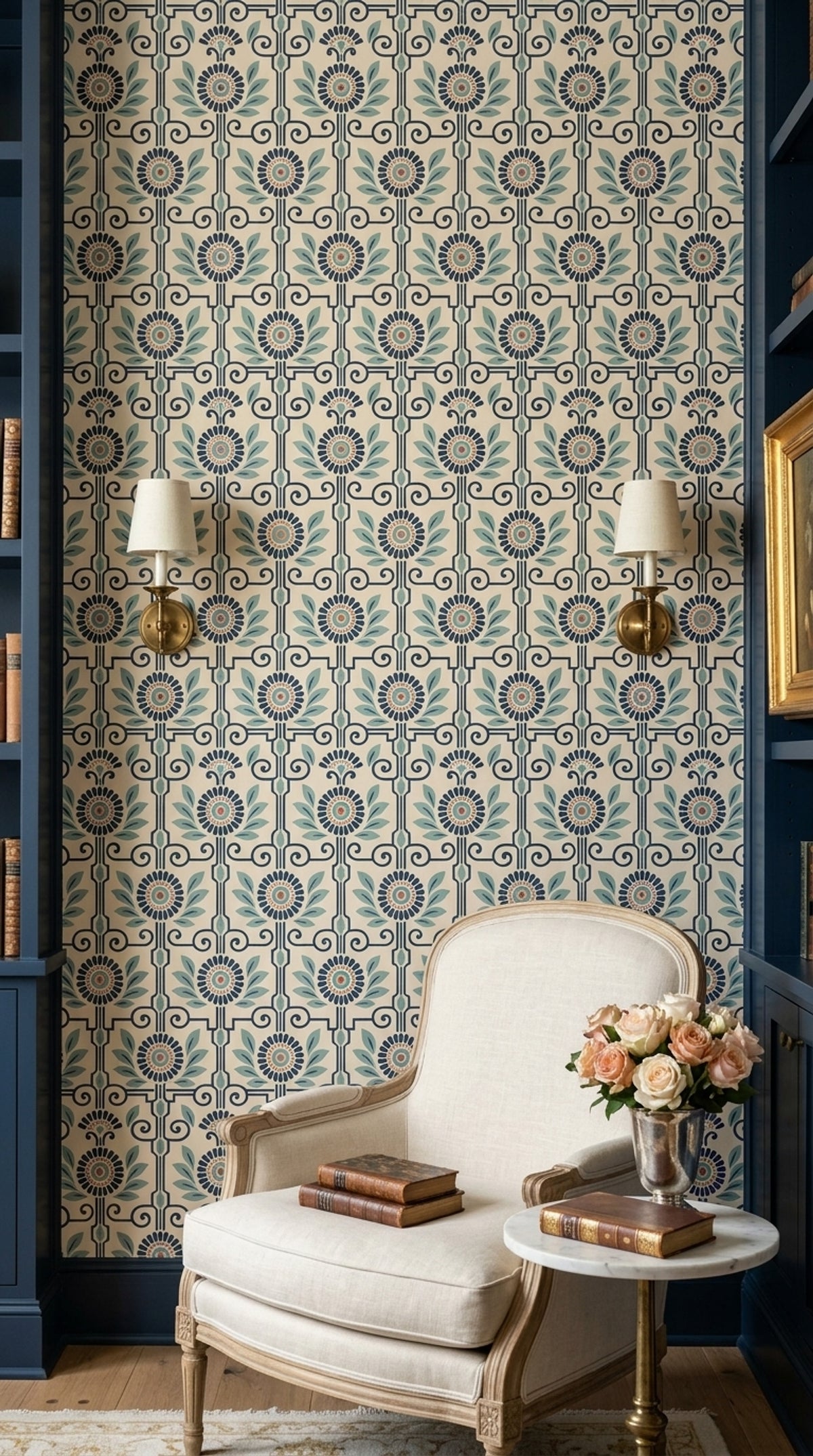 Mediterranean Floral Wallpaper Navy Scrollwork On Cream