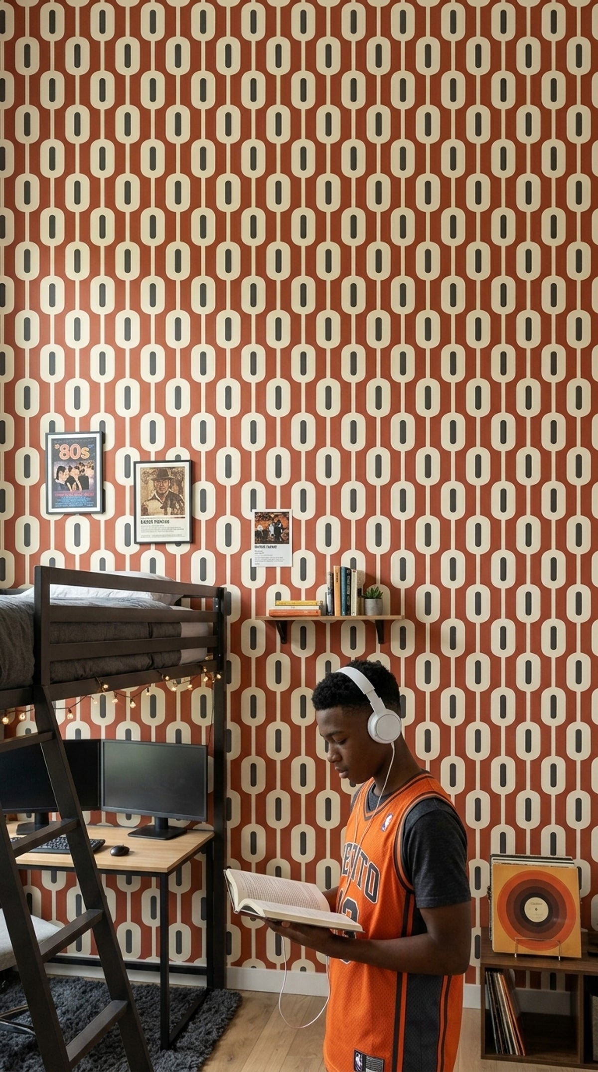 Chain Link Oval Wallpaper Terracotta Mid Century Modern Geometric