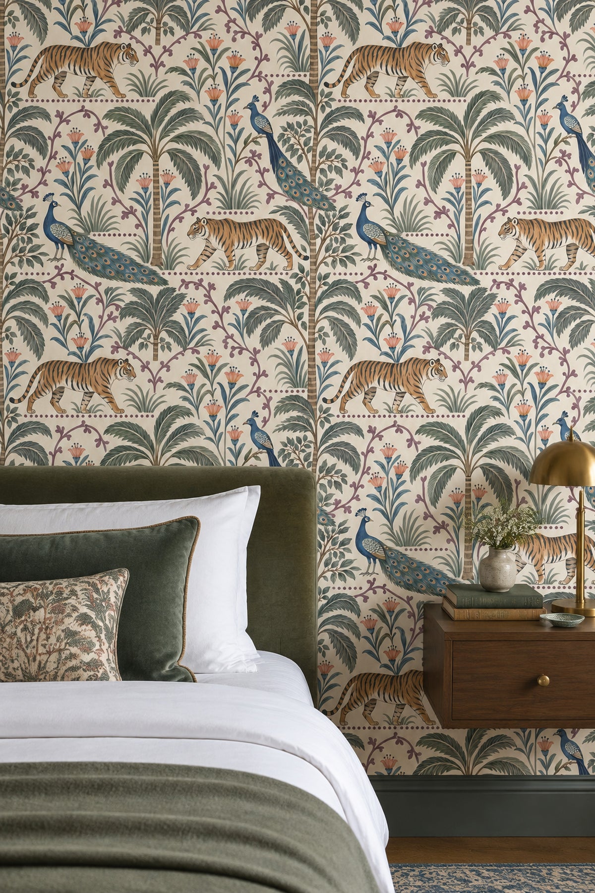 Tiger And Peacock Wallpaper Tropical Botanical Pattern Cream Background
