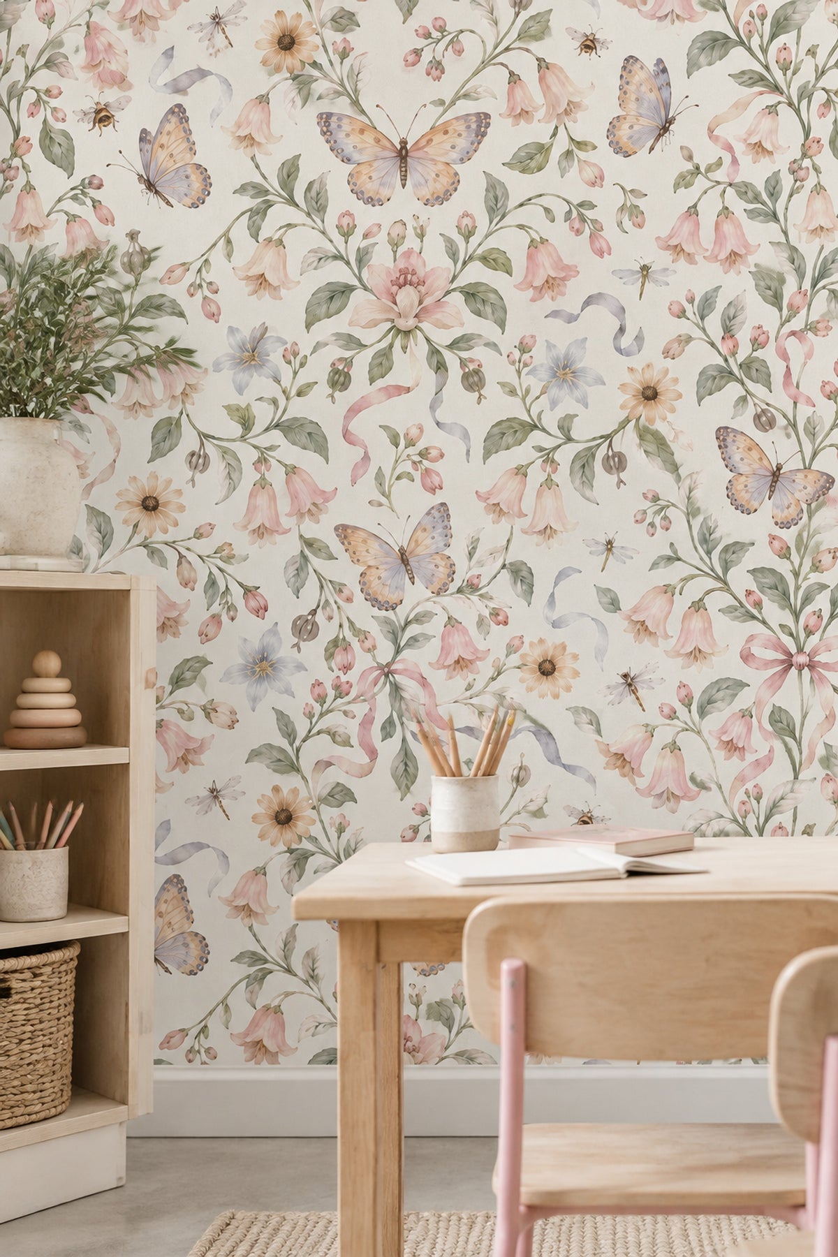 Bellflower And Butterfly Wallpaper Pastel Watercolor Garden