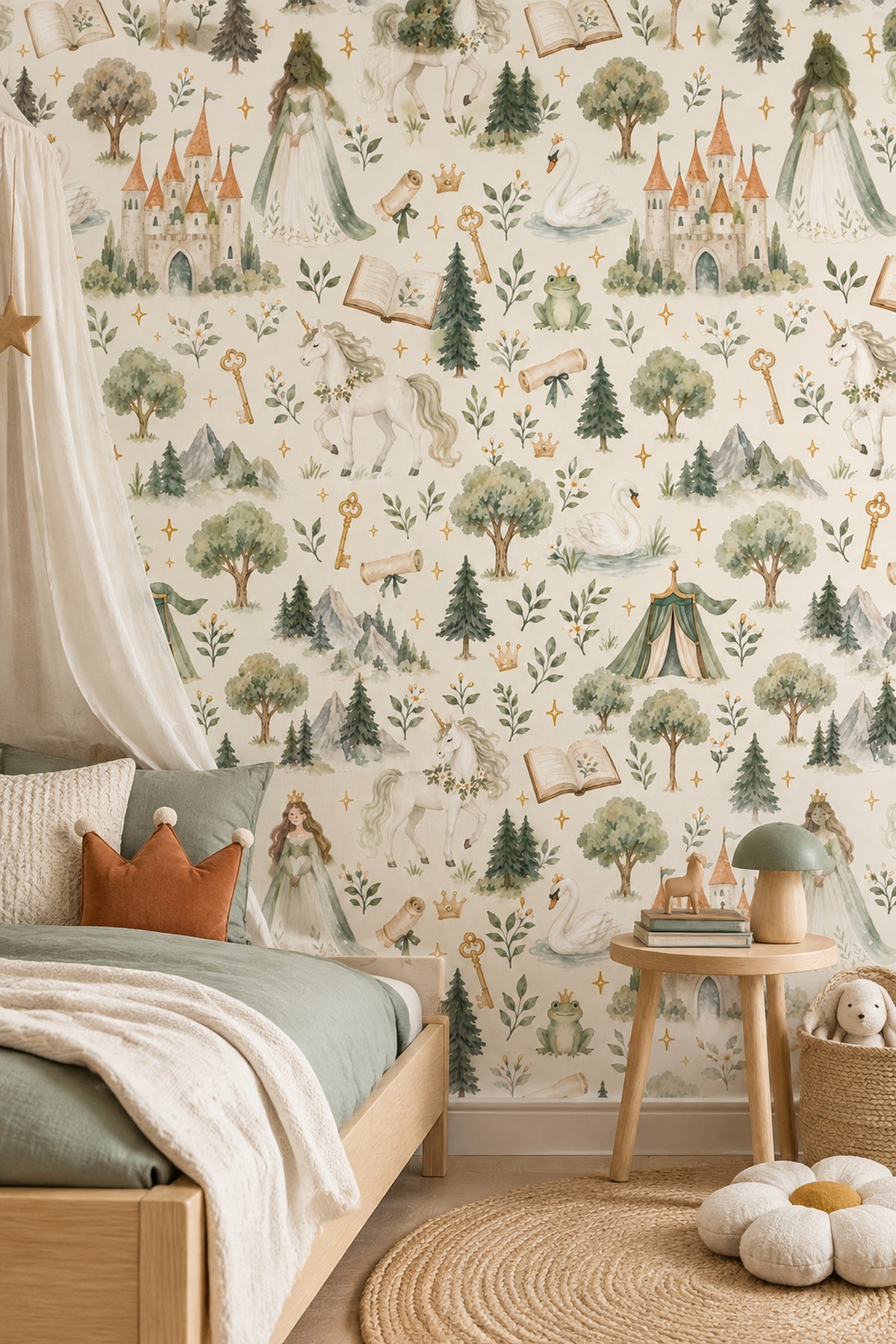 Princess Castle Unicorn Wallpaper Watercolor Cream Sage Pattern