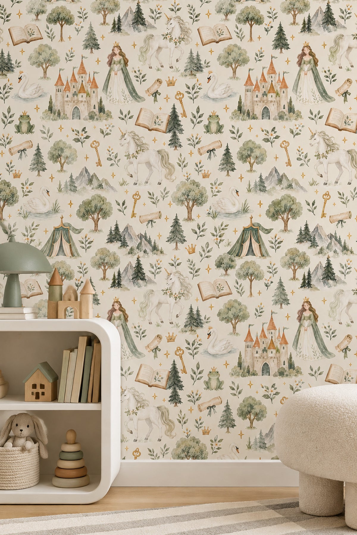 Princess Castle Unicorn Wallpaper Watercolor Cream Sage Pattern