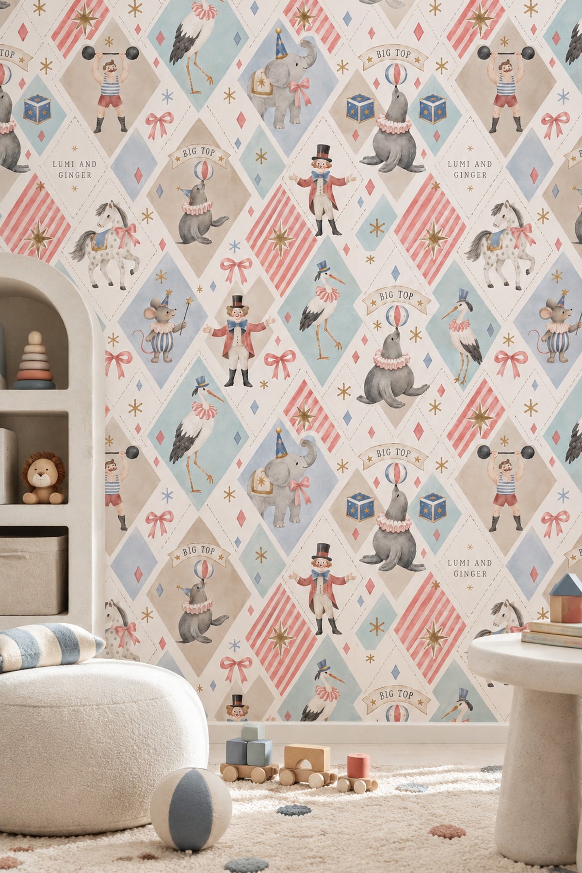 Circus Animals Wallpaper Pastel Argyle Pattern
