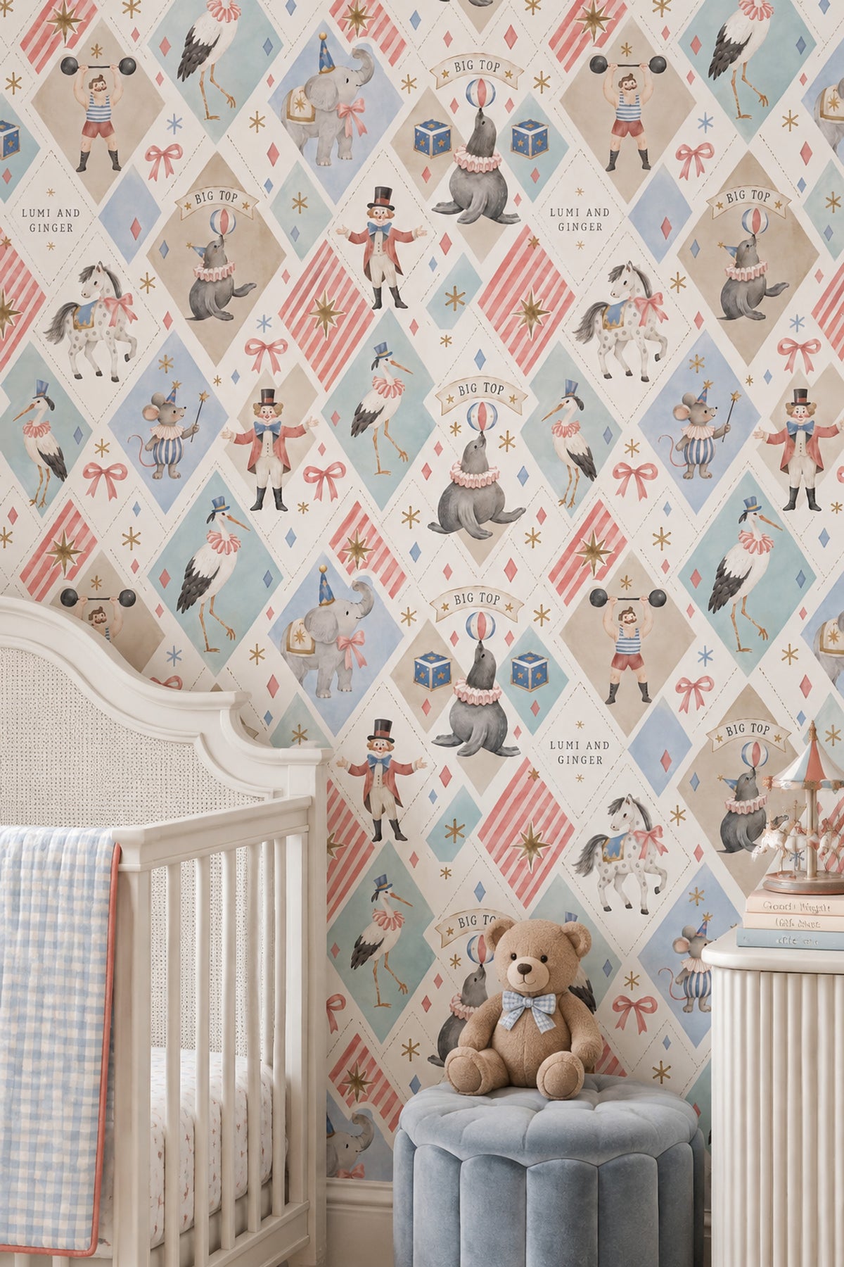 Circus Animals Wallpaper Pastel Argyle Pattern