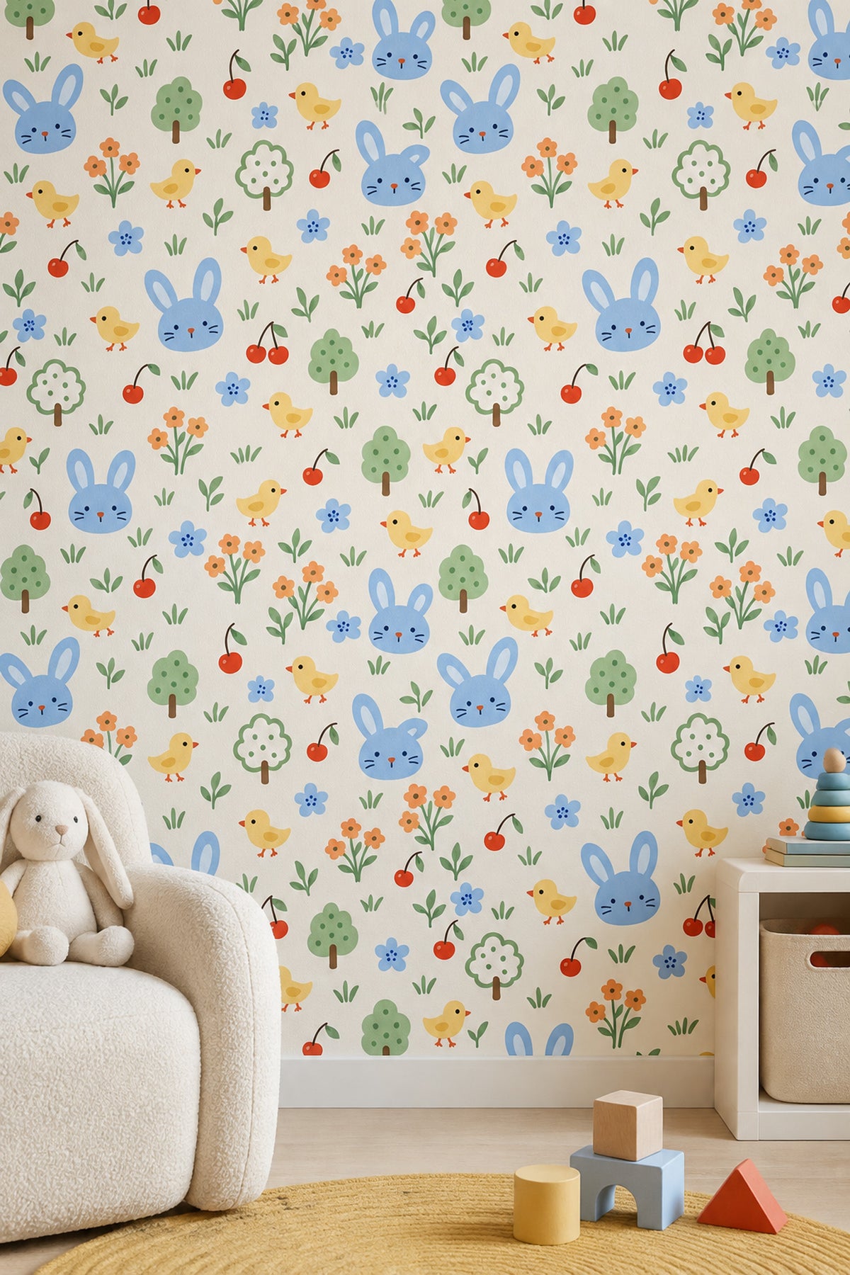 Bunny And Chicks Wallpaper Pastel Garden Pattern