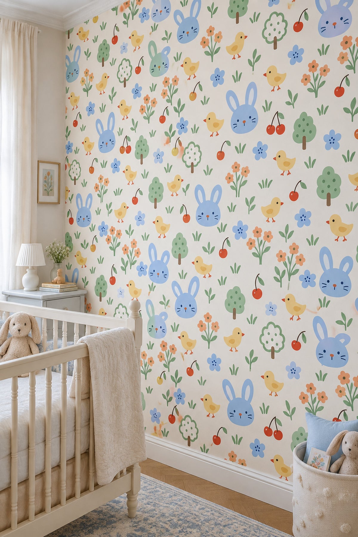 Bunny And Chicks Wallpaper Pastel Garden Pattern