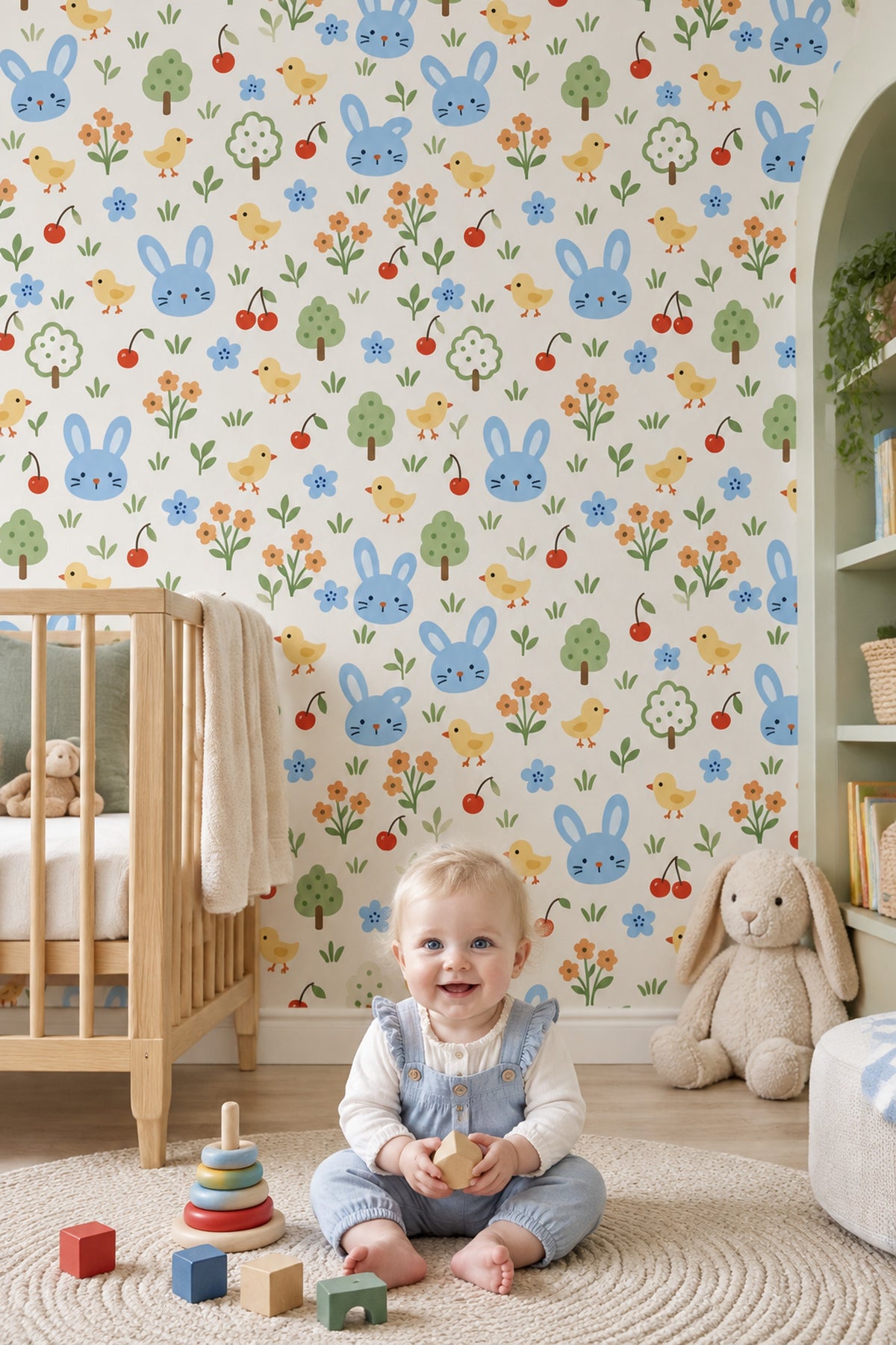 Bunny And Chicks Wallpaper Pastel Garden Pattern