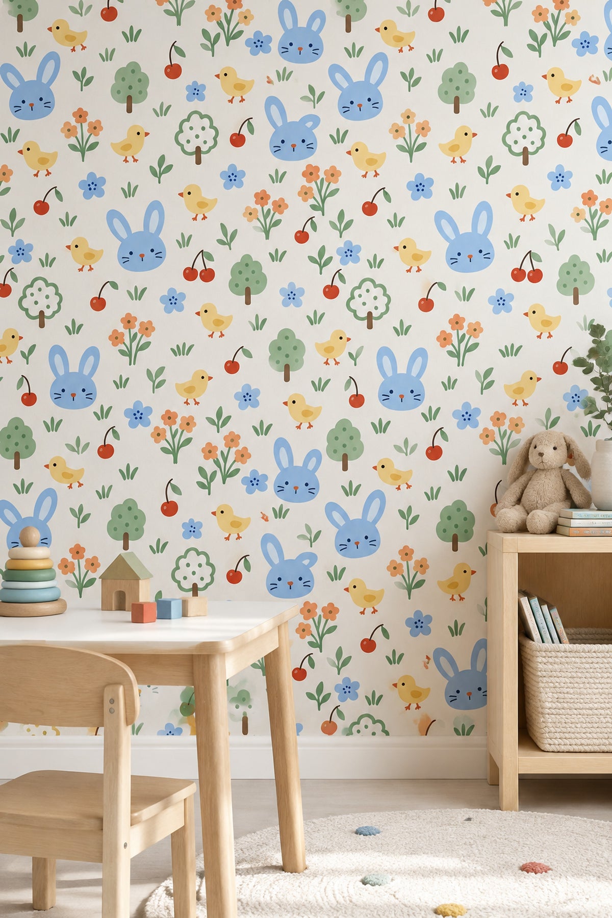 Bunny And Chicks Wallpaper Pastel Garden Pattern