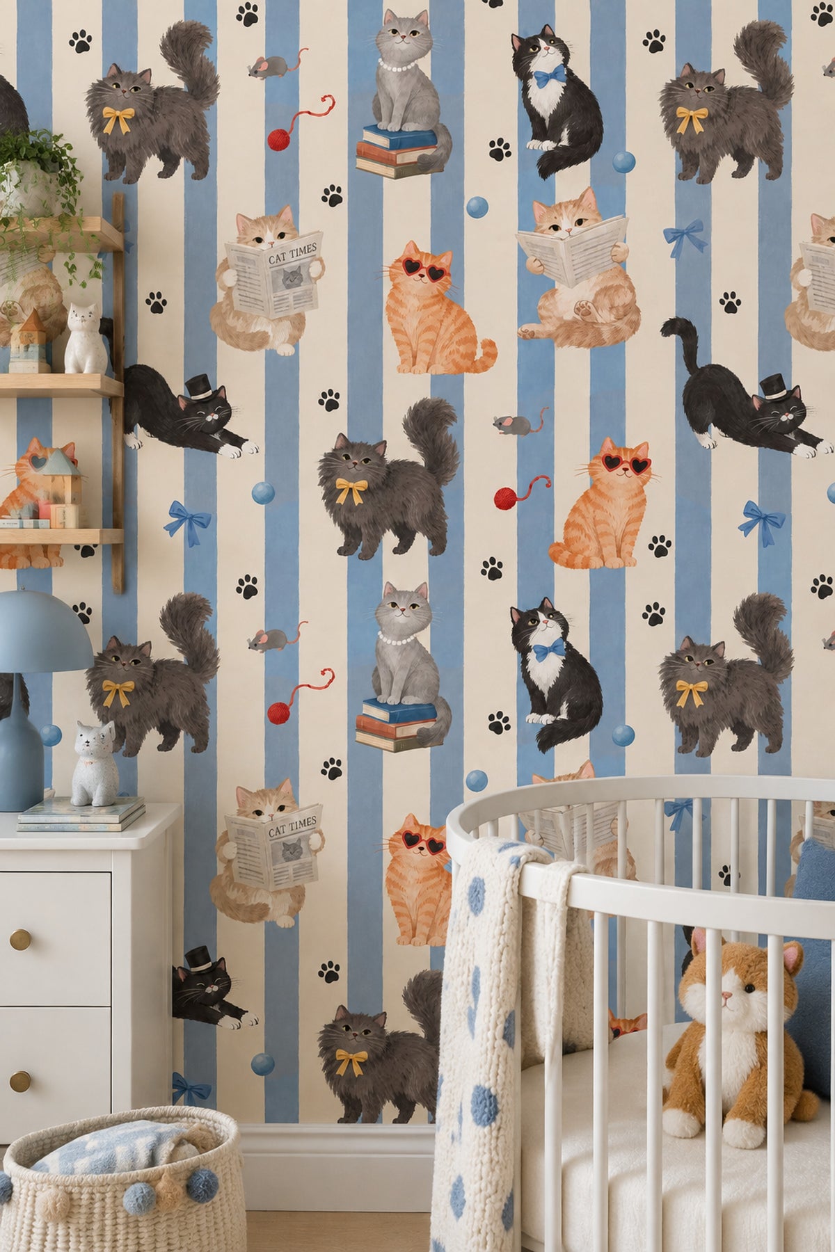 Cats Wallpaper Blue Cream Vertical Stripes